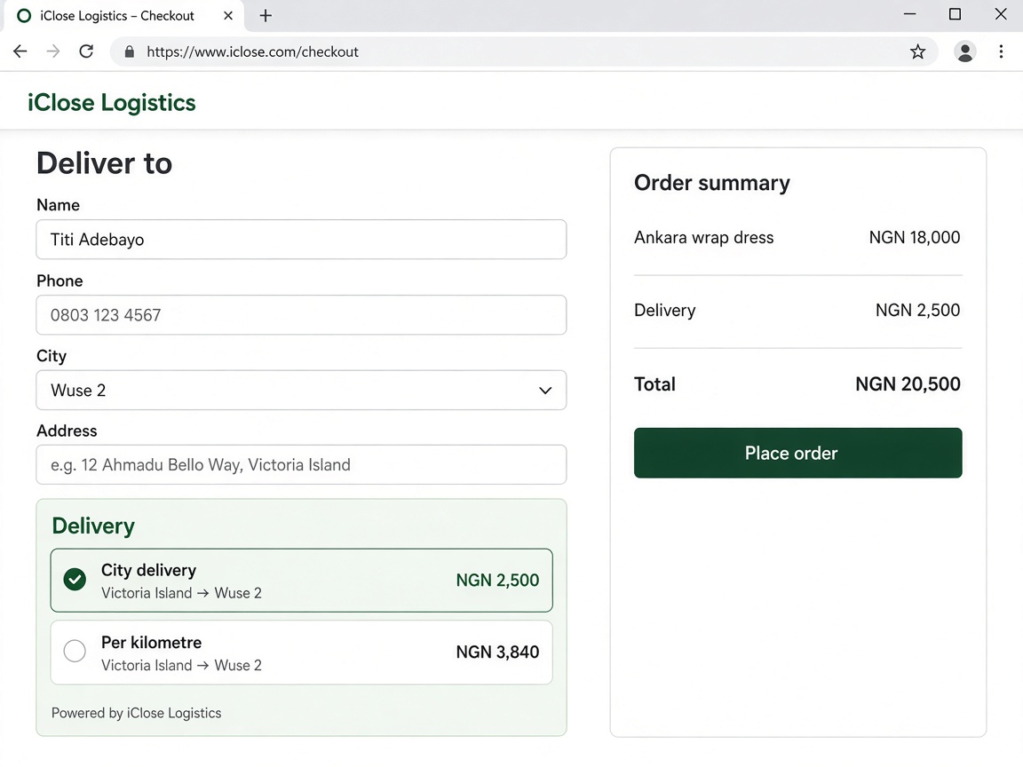 Checkout page showing the iClose Logistics delivery widget with city delivery and per-kilometre options